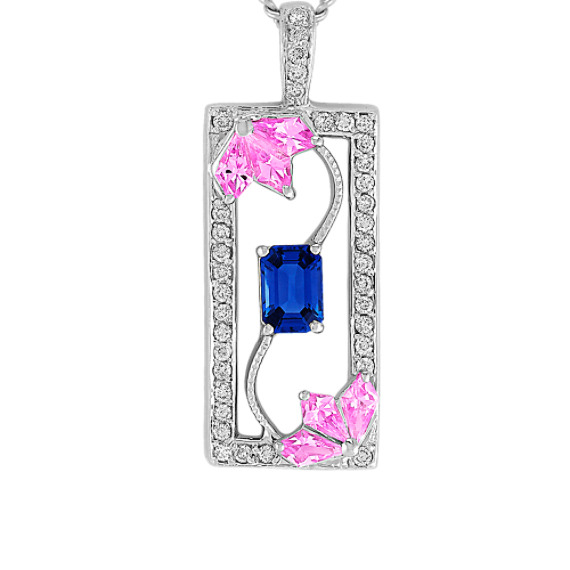 Kite-Shaped Pink Sapphire, Emerald Cut Sapphire, and Round Diamond Pendant (18") Kite-Shaped Pink Sapphire, Emerald Cut Sapphire, and Round Diamond Pendant (18")