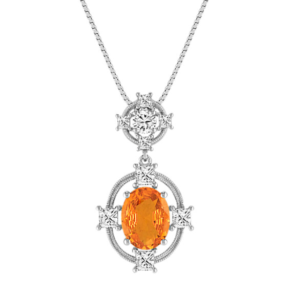 Oval Orange Sapphire, Princess Cut and Round Diamond Pendant (18") Oval Orange Sapphire, Princess Cut and Round Diamond Pendant (18")