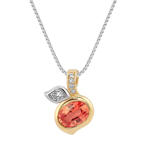 Oval Peach Sapphire, Calla Cut and Round Diamond Pendant in Two-Tone Gold (18") Oval Peach Sapphire, Calla Cut and Round Diamond Pendant in Two-Tone Gold (18")