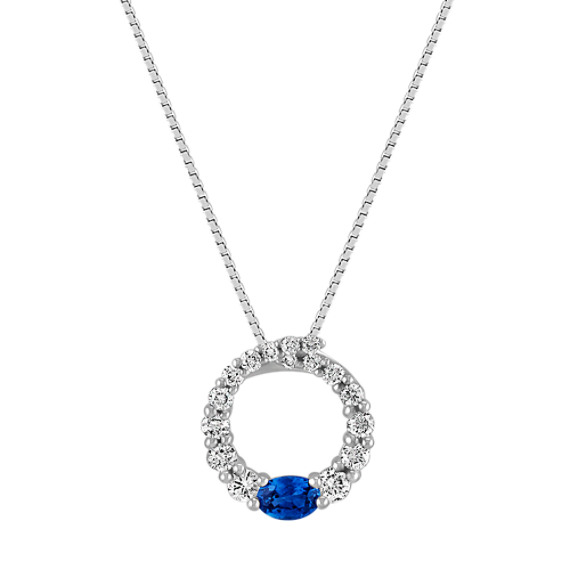 Oval Sapphire and Round Diamond Circle Pendant (18") Oval Sapphire and Round Diamond Circle Pendant (18")