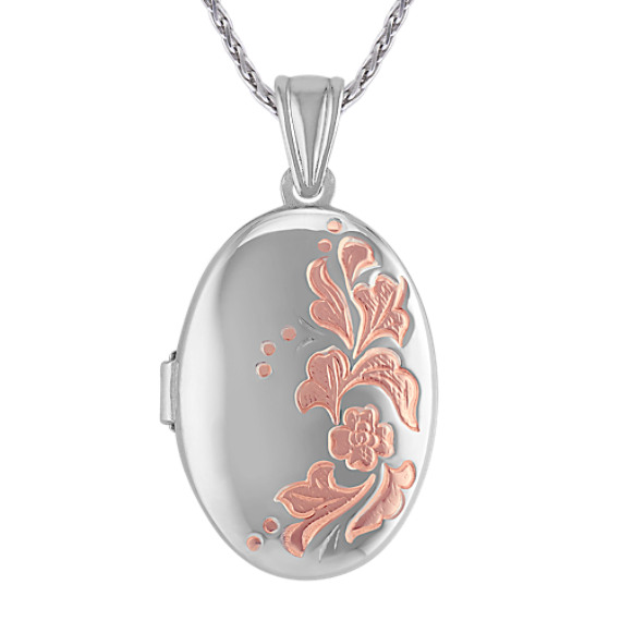 Oval Sterling Silver Locket with Rose Accents (24") Oval Sterling Silver Locket with Rose Accents (24")