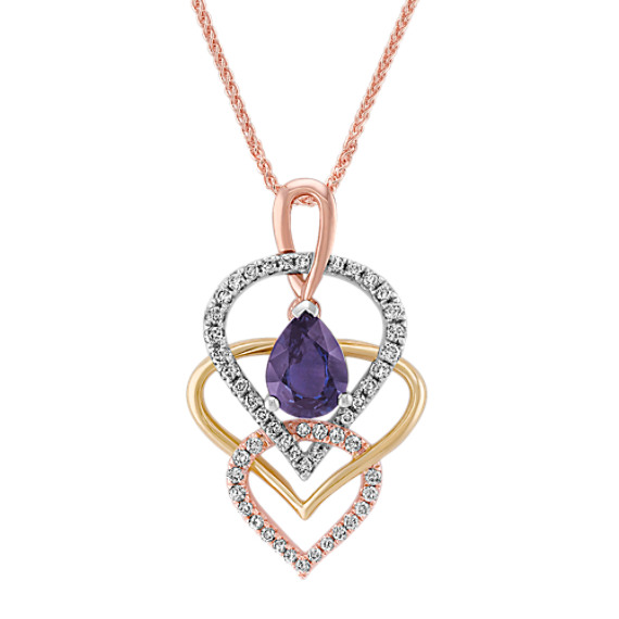 Pear Shaped Lavender Sapphire and Round Diamond Pendant in Tri-Tone Gold (18") Pear Shaped Lavender Sapphire and Round Diamond Pendant in Tri-Tone Gold (18")