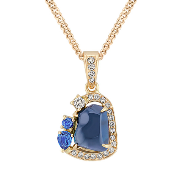 Polished Rough, Pear Shaped, and Round Sapphire, and Round Diamond Pendant (18") Polished Rough, Pear Shaped, and Round Sapphire, and Round Diamond Pendant (18")