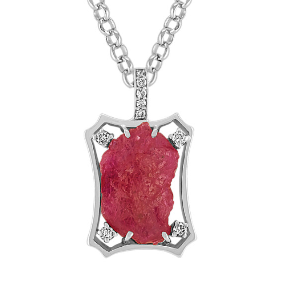 Polished Rough Ruby and Round Diamond Pendant (18") Polished Rough Ruby and Round Diamond Pendant (18")