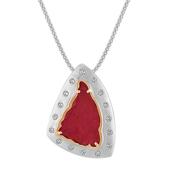 Polished Rough Ruby Slab and Round Diamond Pendant in Two-Tone Gold (22") Polished Rough Ruby Slab and Round Diamond Pendant in Two-Tone Gold (22")