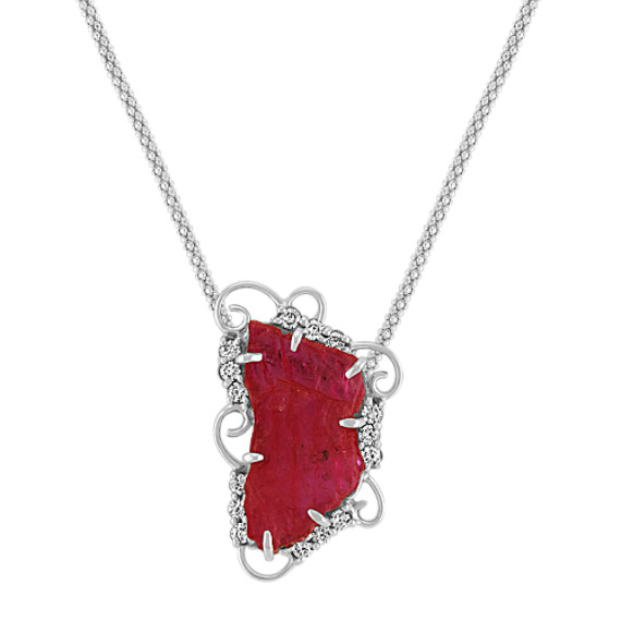 Polished Rough Ruby Slab and Round Diamond Pendant (22") Polished Rough Ruby Slab and Round Diamond Pendant (22")