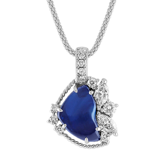 Polished Rough Sapphire, Marquise and Round Diamond Pendant (22") Polished Rough Sapphire, Marquise and Round Diamond Pendant (22")