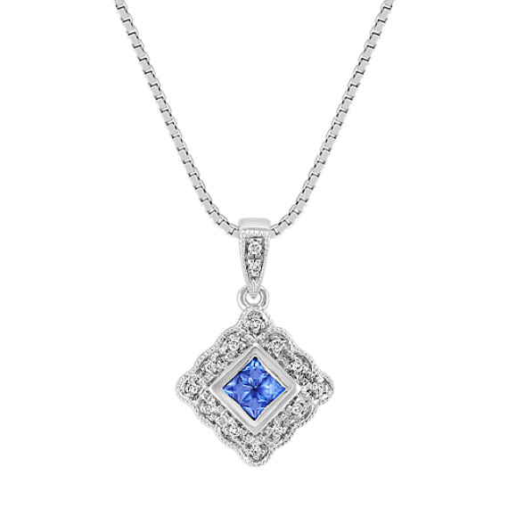 Princess Cut Kentucky Blue Sapphire and Round Diamond Pendant (18") Princess Cut Kentucky Blue Sapphire and Round Diamond Pendant (18")