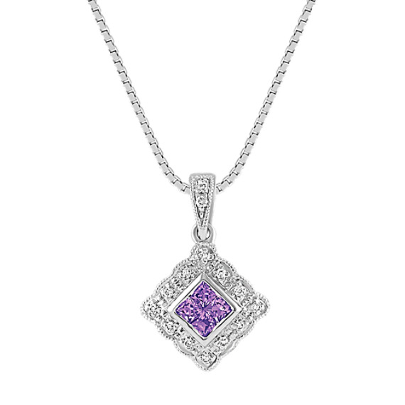 Princess Cut Lavender Sapphire and Round Diamond Pendant (18") Princess Cut Lavender Sapphire and Round Diamond Pendant (18")