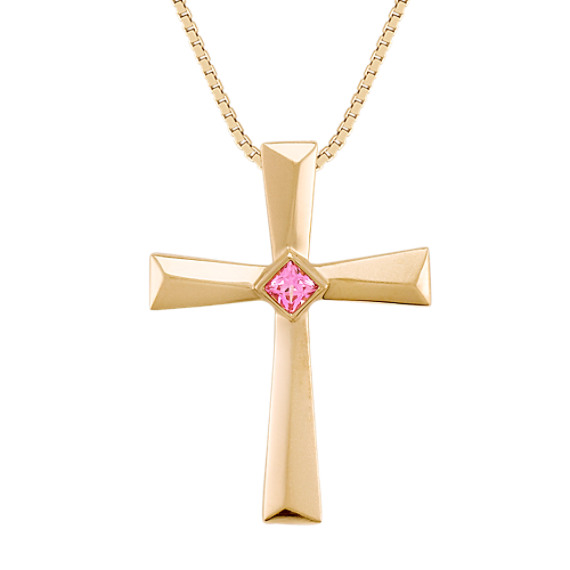 Princess Cut Pink Sapphire Cross Pendant in 14k Yellow Gold (18") Princess Cut Pink Sapphire Cross Pendant in 14k Yellow Gold (18")
