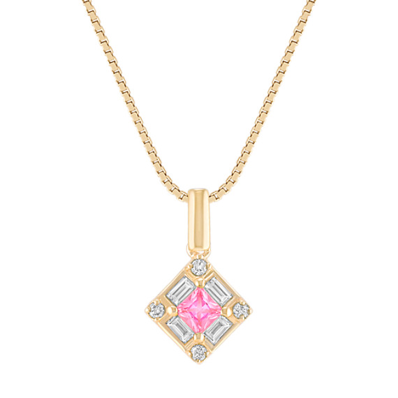 Princess Cut Pink Sapphire, Round and Baguette Diamond Pendant (18") Princess Cut Pink Sapphire, Round and Baguette Diamond Pendant (18")