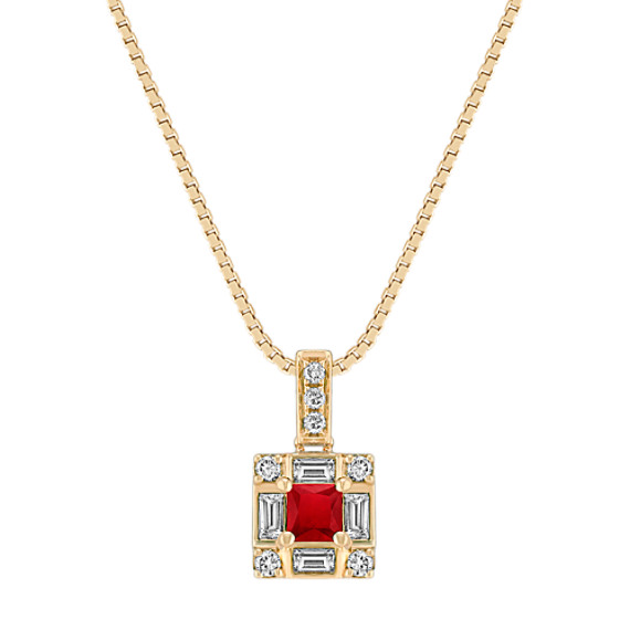 Princess Cut Ruby, Baguette and Round Diamond Square Pendant in 14k Yellow Gold (18 in.) Princess Cut Ruby, Baguette and Round Diamond Square Pendant in 14k Yellow Gold (18 in.)