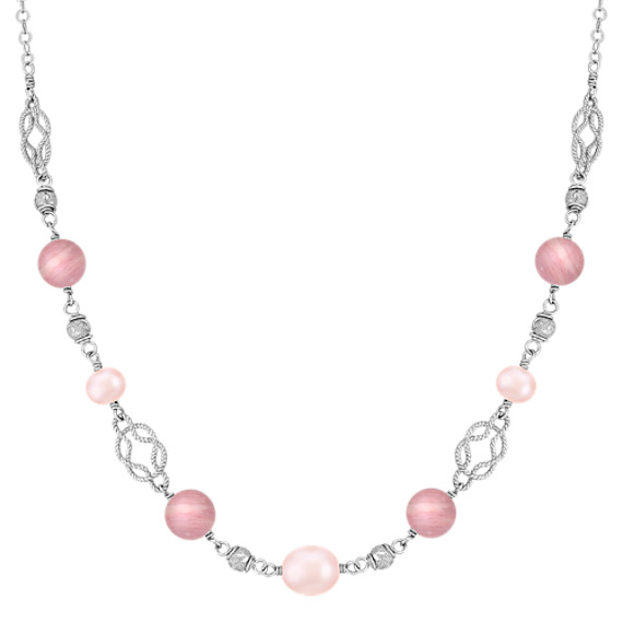 Rhodonite, 6.5-9mm Pink Cultured Freshwater Pearl, and Sterling Silver Necklace (20") Rhodonite, 6.5-9mm Pink Cultured Freshwater Pearl, and Sterling Silver Necklace (20")