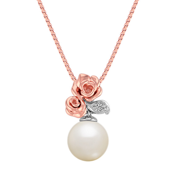 Rose 8mm Cultured Freshwater Pearl and Diamond Pendant in Rose Gold Rose 8mm Cultured Freshwater Pearl and Diamond Pendant in Rose Gold