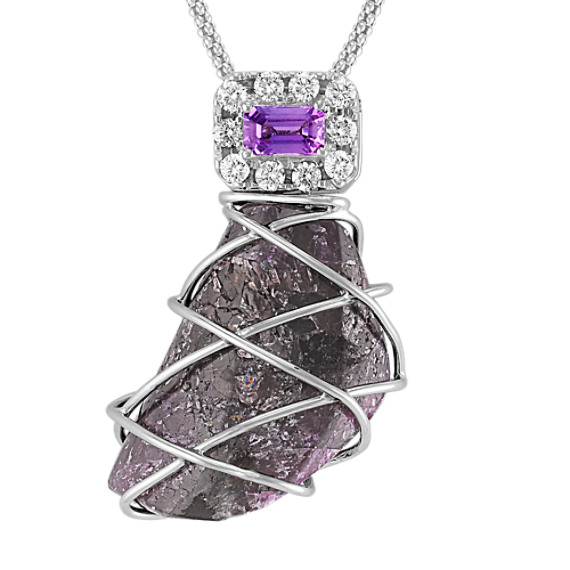 Rough Ruby, Emerald Cut Lavender Sapphire, and Round Diamond Pendant (18") Rough Ruby, Emerald Cut Lavender Sapphire, and Round Diamond Pendant (18")