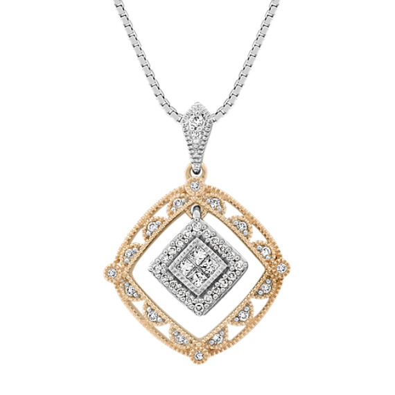 Round and Princess Cut Diamond Pendant in Two-Tone Gold (18") Round and Princess Cut Diamond Pendant in Two-Tone Gold (18")