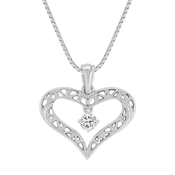 Round Diamond and Sterling Silver Lattice Heart Pendant (18") Round Diamond and Sterling Silver Lattice Heart Pendant (18")
