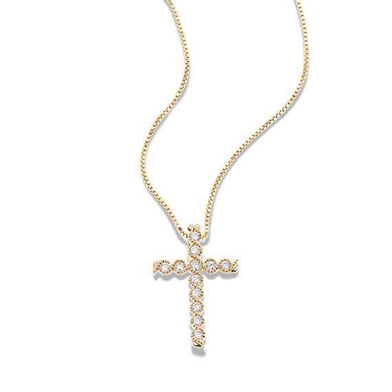 Round Diamond Swirl Cross Pendant in 14k Yellow Gold (18") Round Diamond Swirl Cross Pendant in 14k Yellow Gold (18")
