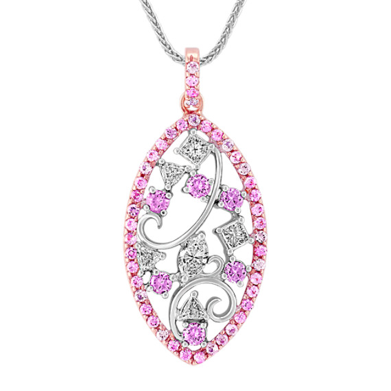 Round Pink Sapphire and Fancy Diamond Pendant in White and Rose Gold (20") Round Pink Sapphire and Fancy Diamond Pendant in White and Rose Gold (20")