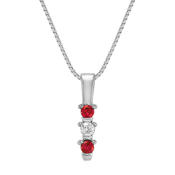 Round Ruby and Diamond Three-Stone Pendant (18") Round Ruby and Diamond Three-Stone Pendant (18")