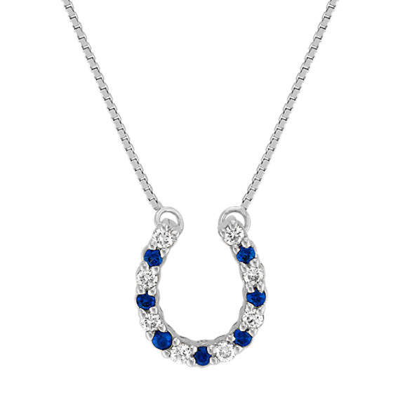 Round Sapphire and Diamond Horseshoe Pendant (18") Round Sapphire and Diamond Horseshoe Pendant (18")