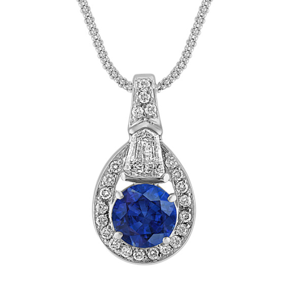 Round Sapphire, Shield Shaped, and Round Diamond Pendant (18") Round Sapphire, Shield Shaped, and Round Diamond Pendant (18")