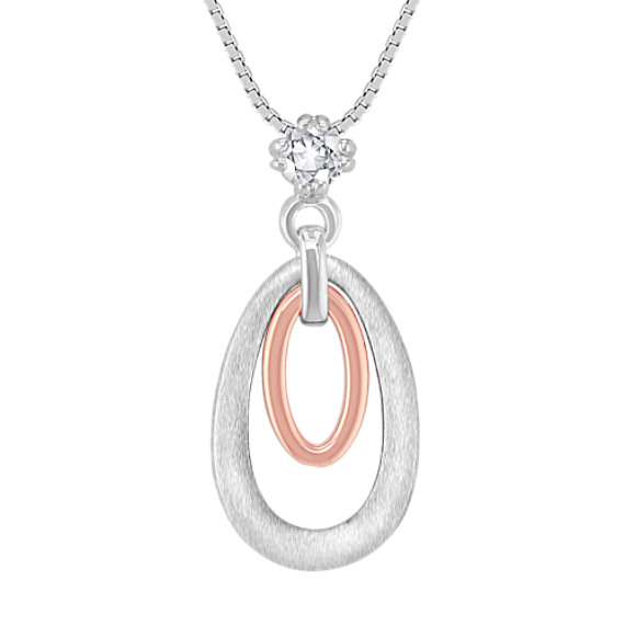 Round White Sapphire, Sterling Silver and 14k Rose Gold Pendant (18") Round White Sapphire, Sterling Silver and 14k Rose Gold Pendant (18")
