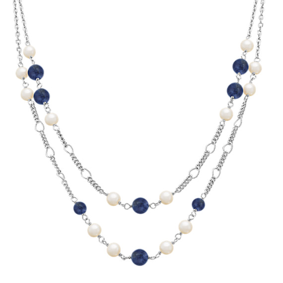 Sodalite, 6mm Cultured Freshwater Pearl and Sterling Silver Necklace (25") Sodalite, 6mm Cultured Freshwater Pearl and Sterling Silver Necklace (25")