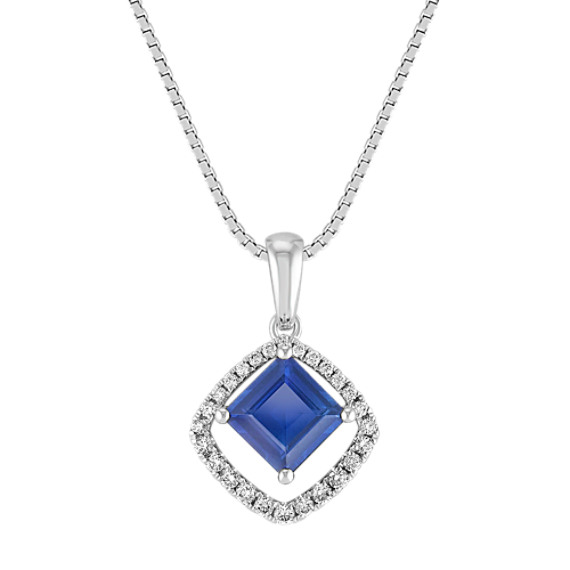 Square Cut Sapphire and Round Diamond Pendant (18") Square Cut Sapphire and Round Diamond Pendant (18")