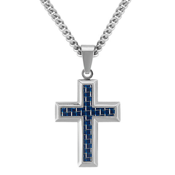 Stainless Steel with Black and Blue Carbon Fiber Cross Necklace (24") Stainless Steel with Black and Blue Carbon Fiber Cross Necklace (24")