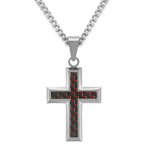 Stainless Steel with Black and Red Carbon Fiber Cross Necklace (24") Stainless Steel with Black and Red Carbon Fiber Cross Necklace (24")
