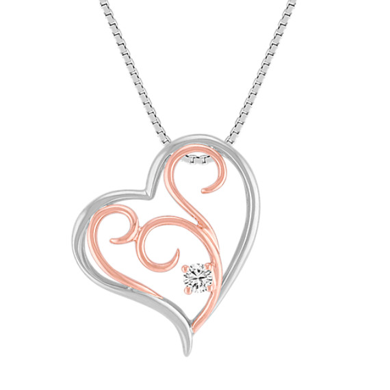 Sterling Silver and 14k Rose Gold Diamond Heart Pendant (18") Sterling Silver and 14k Rose Gold Diamond Heart Pendant (18")