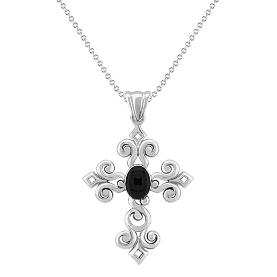 Sterling Silver and Black Agate Cross Pendant (18") Sterling Silver and Black Agate Cross Pendant (18")