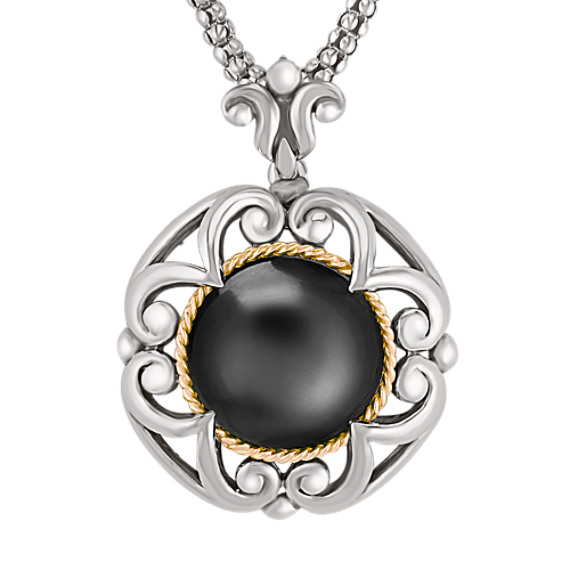 Sterling Silver, Black Agate and 18k Yellow Gold Circle Pendant (18") Sterling Silver, Black Agate and 18k Yellow Gold Circle Pendant (18")
