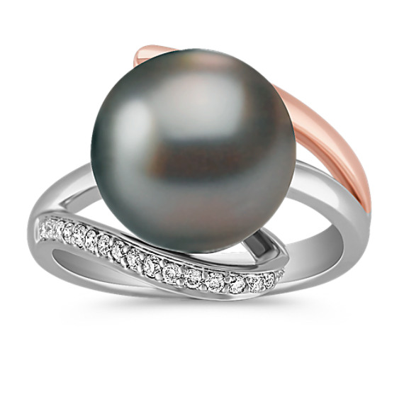 11mm Cultured Tahitian Pearl and Round Diamond Ring in 14k Two-Tone Gold 11mm Cultured Tahitian Pearl and Round Diamond Ring in 14k Two-Tone Gold