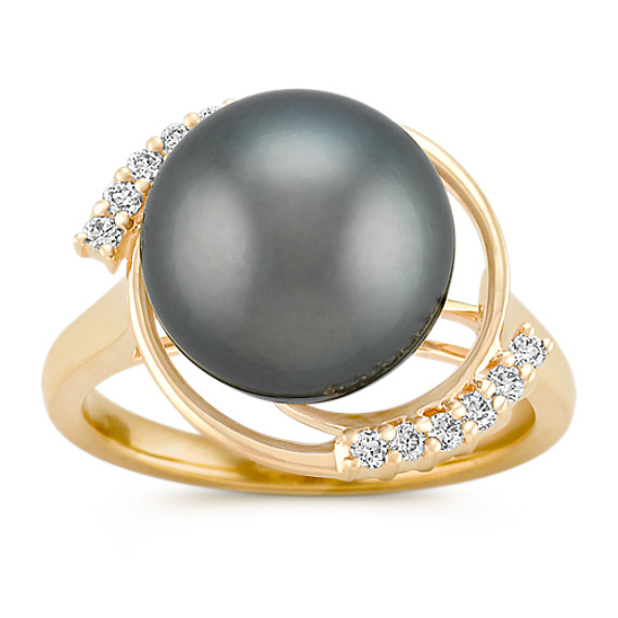11mm Cultured Tahitian Pearl and Round Diamond Ring 11mm Cultured Tahitian Pearl and Round Diamond Ring