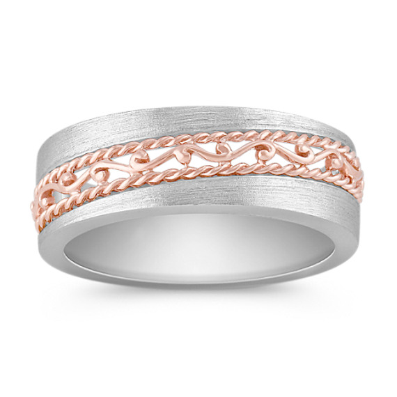 14k White and Rose Gold Engraved Ring with Sandblasted Finish (8mm) 14k White and Rose Gold Engraved Ring with Sandblasted Finish (8mm)