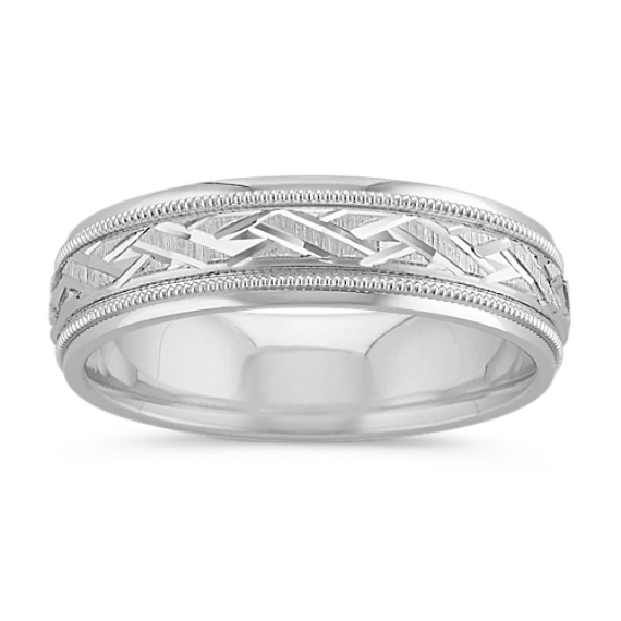 14k White Gold and Sterling Silver Engraved Cross Hatched Ring (6mm)