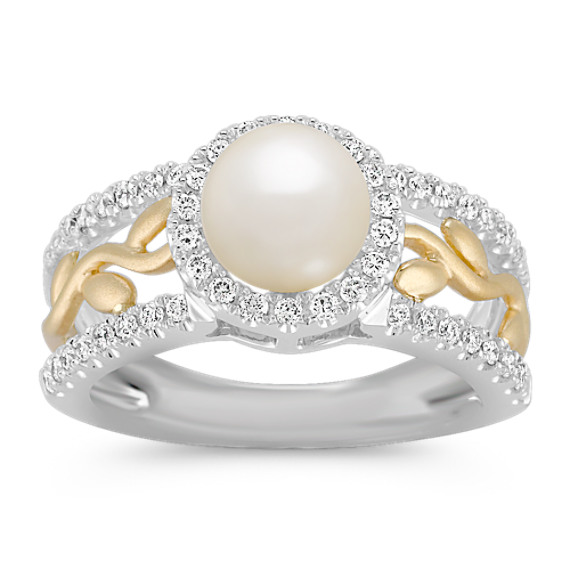 6.5mm Cultured Akoya Pearl and Round Diamond Ring in Two-Tone Gold 6.5mm Cultured Akoya Pearl and Round Diamond Ring in Two-Tone Gold