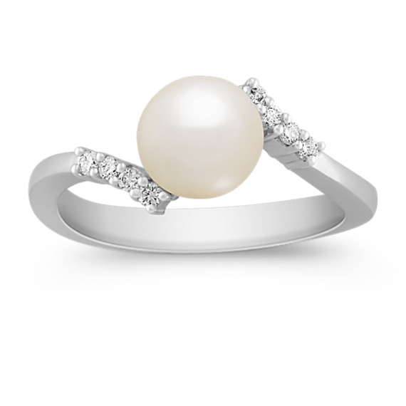 7mm Cultured Akoya Pearl, Centered, and Round Diamond Ring 7mm Cultured Akoya Pearl, Centered, and Round Diamond Ring