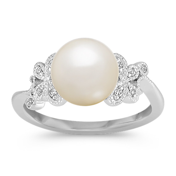 8.5mm Cultured Freshwater Pearl and Diamond Ring in Sterling Silver 8.5mm Cultured Freshwater Pearl and Diamond Ring in Sterling Silver