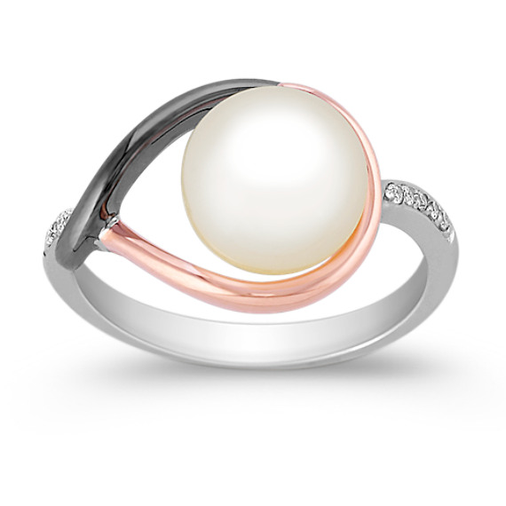 8.5mm Cultured Freshwater Pearl and Round Diamond Ring in 14k White and Rose Gold 8.5mm Cultured Freshwater Pearl and Round Diamond Ring in 14k White and Rose Gold