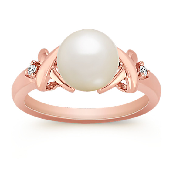 8mm Cultured Akoya Pearl and Round Diamond Ring in Rose Gold 8mm Cultured Akoya Pearl and Round Diamond Ring in Rose Gold