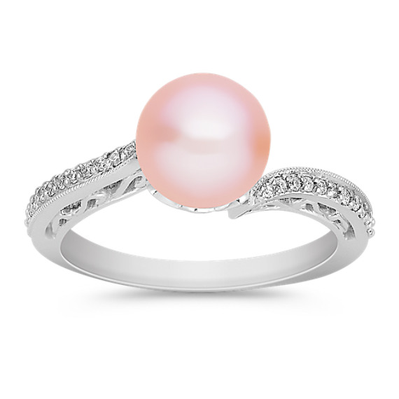 8mm Pink Cultured Freshwater Pearl and Diamond Ring 8mm Pink Cultured Freshwater Pearl and Diamond Ring