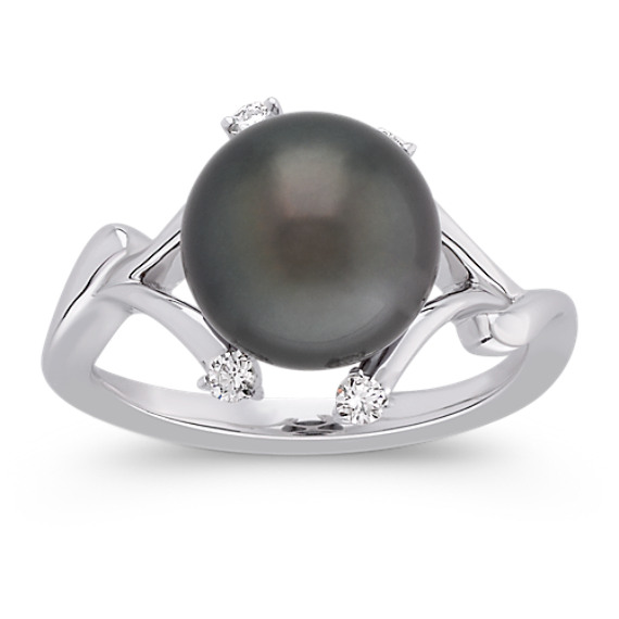 9mm Cultured Tahitian Pearl and Round Diamond Ring 9mm Cultured Tahitian Pearl and Round Diamond Ring