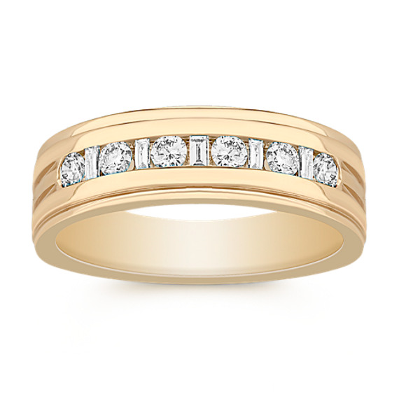 Baguette and Round Diamond Wedding Band for Him in 14k Yellow Gold Baguette and Round Diamond Wedding Band for Him in 14k Yellow Gold