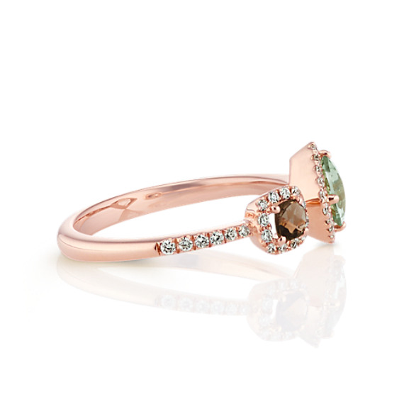 Cushion Cut Green Quartz, Smokey Quartz and Diamond Ring in 14k Rose