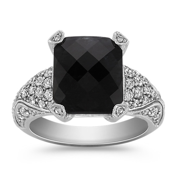 Emerald Cut Black Sapphire and Round Diamond Vintage Ring Emerald Cut Black Sapphire and Round Diamond Vintage Ring