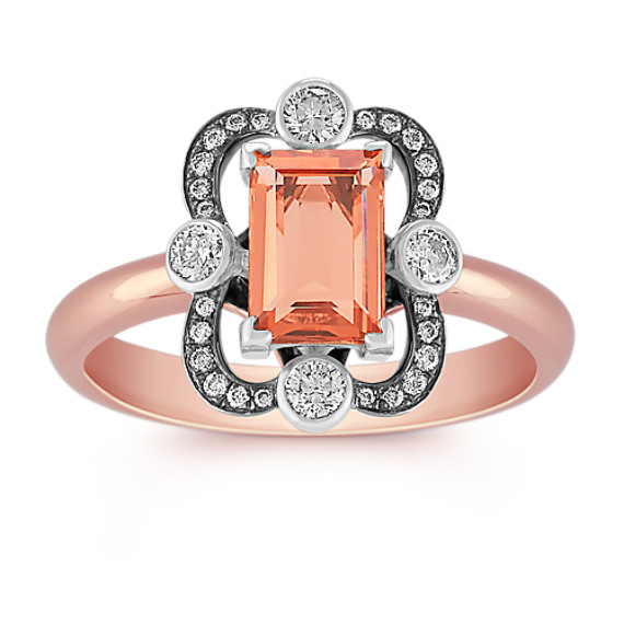 Emerald Cut Peach Sapphire and Round Diamond Ring in 14k Rose and White Gold Emerald Cut Peach Sapphire and Round Diamond Ring in 14k Rose and White Gold