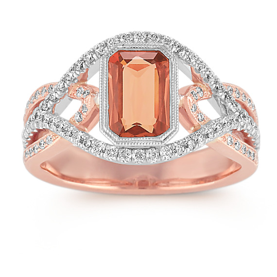 Emerald Cut Peach Sapphire and Round Diamond Ring in Two-Tone Gold Emerald Cut Peach Sapphire and Round Diamond Ring in Two-Tone Gold